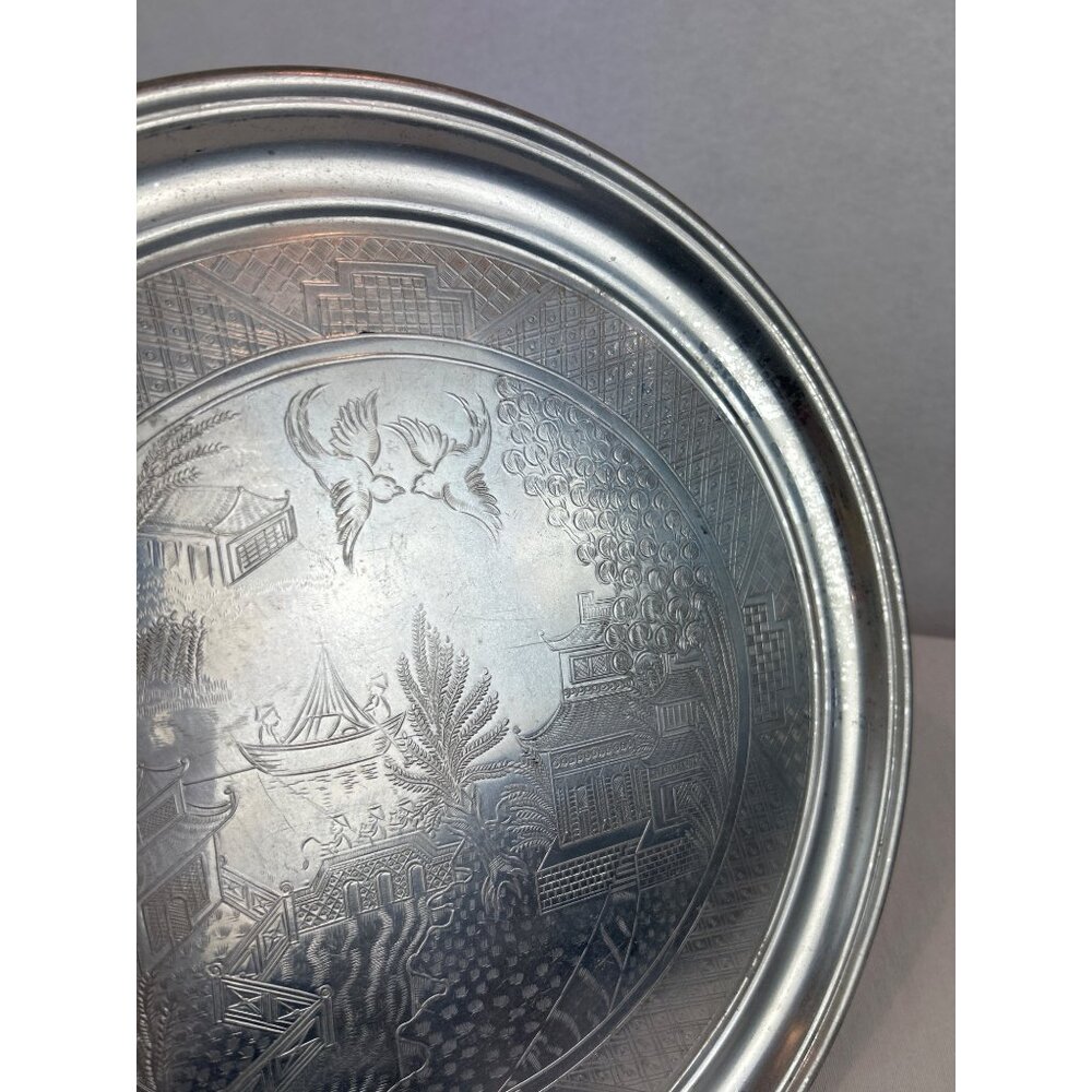 Vintage Swan Brand Willoware Aluminum Tea Set Tray Asian Landscape - Picture 9 of 12